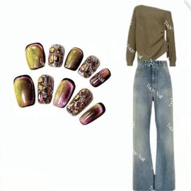 TUGE NAIL Blossom Serie BSL0CLSFBA Nägel zum Aufdrücken, Katzenaugeneffekt, französische Spitze, C-Lang (19 mm) (Chamäleon, S, kleine Hände, kleine Nägel)