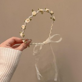 Headband, Hair Accessories for Women Girls, Fashion Flower Girl Headbands, Hair Band, Flower Headpiece with Pearl Beads, Beige