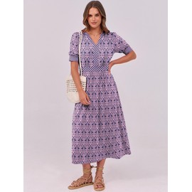ANRABESS Women Boho Maxi Dresses Summer Short Sleeve V Neck Floral Flowy Swing A-Line Casual Beach Long Dress Purple Pink Floral Medium