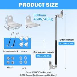Gas Lift 500 mm 445 N/45 kg, L Type Gas Spring Gas Spring Damper for RV Bed, Camper, Truck, Boat, Cabinet Doors and Others, Pack of 2