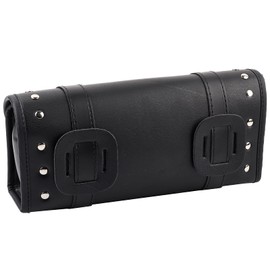 Keenso Motorcycle Tool Bag Black PU Leather Front Rear Fork Tool Bag Handlebar Bags Luggage Storage Tool Bag 2 Strap Fasteners