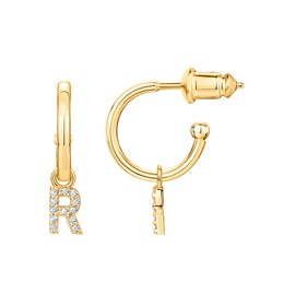 PAVOI 14K Yellow Gold Plated 925 Sterling Silver Post Huggie Earring with Initial Dangle -CZ Initial Huggie Hoop Earrings - Womens Cubic Zirconia R Initial