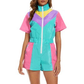 Yisfri Women 80's 90's Retro One Piece Zipper Jumpsuit Theme Party Outfits Windbreaker Rompers Tracksuit (Cyan, S)