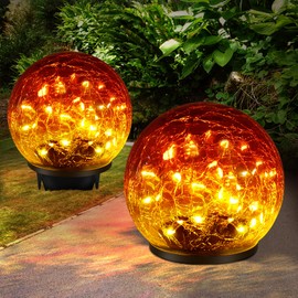 Keevvon 2 Pack Garden Solar Lights Outdoor Decorative, 60 LED Gradient red Cracked Glass Solar Globe Lights, Upgraded Waterproof Ball Lights for Yard Pathway Patio Christmas Outside Decor, 4.73"