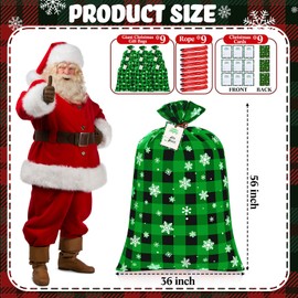 9 Pack Jumbo Christmas Gift Bags Large Xmas Presents Bags Snowflakes Buffalo Plaid Plastic Giant Gift Bags with Gift Tag Cards and String for Holiday Christmas Gifts Decorations (Green)