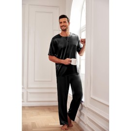 Ekouaer Men's Satin Pajamas Short Sleeve Button Down Pj Set Two Piece Silk Sleepwear Lounge Sets Black Small
