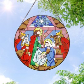 VCUTEKA Christmas Hanging Stained Glass Window Indoor Decoration Nativity Wall Art Decor Hand-Painted Glass Panel Hanging 12’’ Christmas Ornaments Home Xmas Decor for Grandma Gift