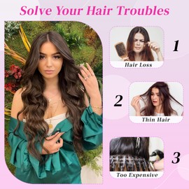 Clip in Chocolate Brown Hair Extensions, Naturally Soft Hair & Blends Well Light Brown Hair Extensions, Double Weft Long Wavy Thick Hairpieces for Women, 4Pcs Synthetic Hair Extensions(20Inch)