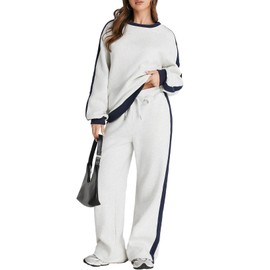 Herseas Women's Grey Color Block Outfits 2025 Plush Sweat Set Oversized Old Money Matching Lounge Sets X-Large