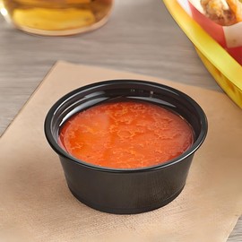 OCS Parts 100-Count Black Plastic Portion Cups with Lids | 3.25-Ounce Disposable Airtight Plastic Souffle Cups for Condiments, Meal Prep, Jello Shots, Salad Dressing for Home Kitchens or Restaurants
