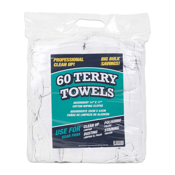 Arkwright TT60 White Terry Mop Towels Bulk - (Pack of 60) Absorbent and Quick Drying Cotton Cleaning Rags for Kitchen, Auto Shops, and Bar, 14 x 17 in, White