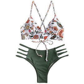 Zaful Women's Two-Piece Bikini Set, Bikini Bottoms with Braided Side Lacing and Adjustable Push-Up Bra, Triangle Bikini Briefs with Floral Pattern - Green, size: m