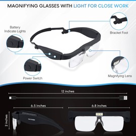 YOCTOSUN Magnifying Glasses with Light, Headband Magnifier with 3 LED Lights and 5 Detachable Lenses 0.75X, 1.25X, 2.0X, 3.0X, 4.0X, Hands Free Headset Magnifier for Close Work Hobby Jewelry