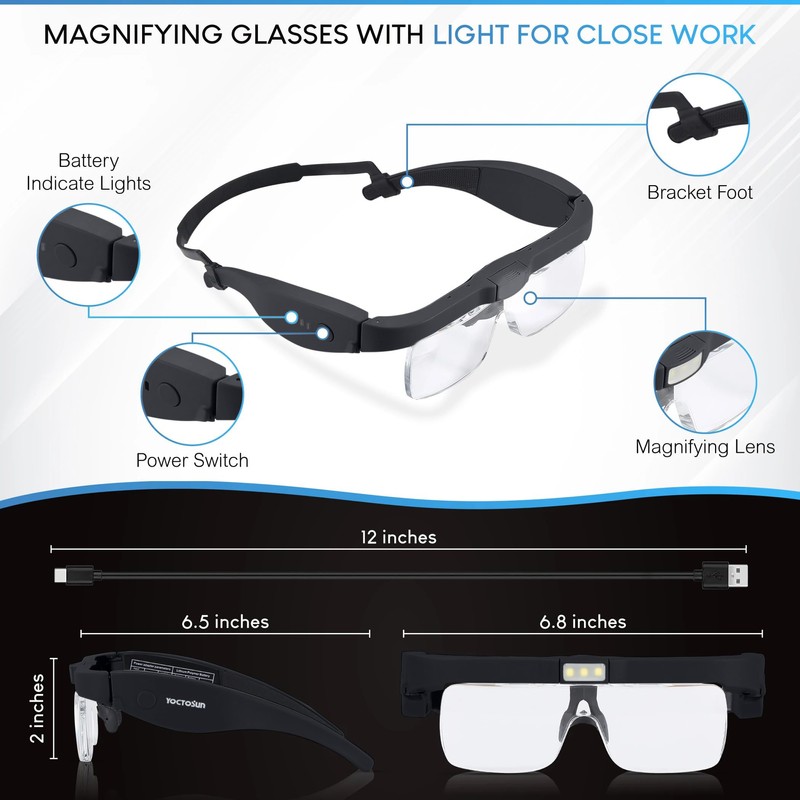 YOCTOSUN Magnifying Glasses with Light, Headband Magnifier with 3 LED