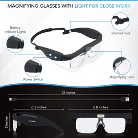 YOCTOSUN Magnifying Glasses with Light, Headband Magnifier with 3 LED Lights and 5 Detachable Lenses 0.75X, 1.25X, 2.0X, 3.0X, 4.0X, Hands Free Headset Magnifier for Close Work Hobby Jewelry