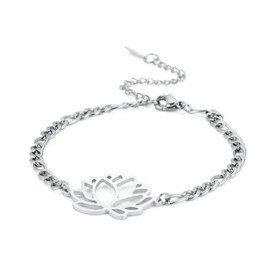 kkjoy Lotus Flower Bracelet Stainless Steel Yoga Lotus Pendant Inspirational Jewelry Gift for Women, Stainless Steel, No gemstone