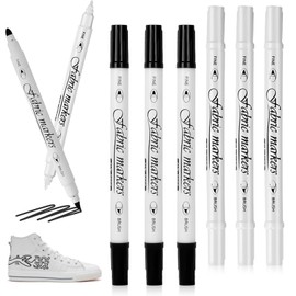 YUWJOOWEE Pack of 6 Textile Pens, Machine Washable, 1-5 mm Dual Tip Textile Markers, Lightfast and Waterproof Pens, Textile Paint, Permanent Fabric Colouring Pens for T-Shirt Textiles (Black, White)