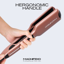 Magnifeko Plancha plana profesional para el cabello, placa ancha y pantalla digital, alisadores de pelo de titanio de doble voltaje (rosa egold)
