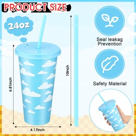 Havawish 24 Pcs Cartoon Story Party Plastic Tumbler with Lid and Straw 24 oz Blue White Cloud Reusable Plastic Cups Cow Print Theme Drinking Cups for Birthday Carnival Party Supplies