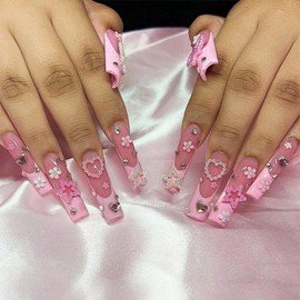 Long Press on Nails Square Fake Nails Pink French Tip Glue on Nails Bow Flower False Nails with 3D Star Heart Charm Design Glossy Full Cover Artificial Acrylic Stick on Nails for Women 24Pcs