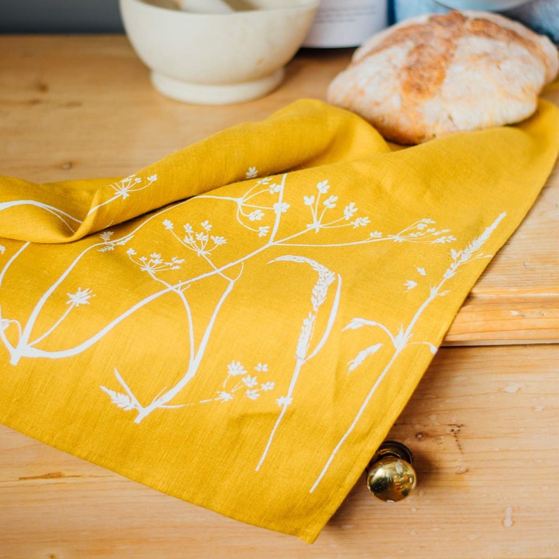Mustard Linen Tea Towel, hand printed with hedgerow flowers. This