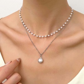 Inilbran Boho Layered Pearl Choker Necklace Silver Pearl Necklace Choker Vintage Station Pearl Chain Necklace Multilayer Pearl Pendant Necklace Jewelry for Women and Girls