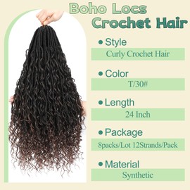 YYQXZG 8 Packs Boho Faux Locs Crochet Hair Goddess Locs Crochet Hair 24 Inch Pre-Looped Boho Soft Locs Crochet Hair with Curly Ends for Black Women (T1B/30#, 24 Inches)