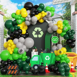 181pcs Garbage Truck Birthday Decorations, Recycling Truck Birthday Decor Green Black Yellow Balloons Garland Arch Kit for Boys Waste Management Recycling Party Supplies