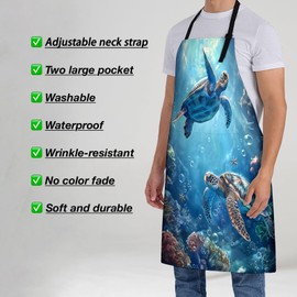 Turamurra Ocean Turtle Apron for Women, 28x33in, Kitchen Chef Aprons with 2 Pockets, Polyester, Sea Turtle and Coral Reef Apron for Cooking BBQ Baking Gardening Chef, Gifts for Mom Wife Dad