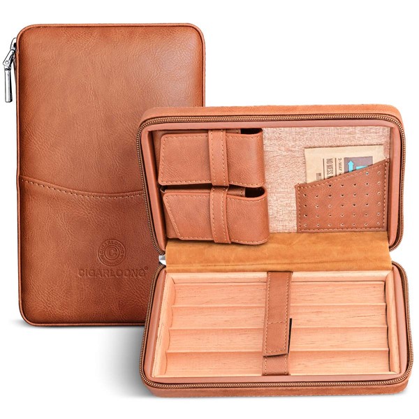 CIGARLOONG Cigar Humidor Leather Travel Case Built-in Removable Cedar Tray with Multifunction Bag(Color:Brown)