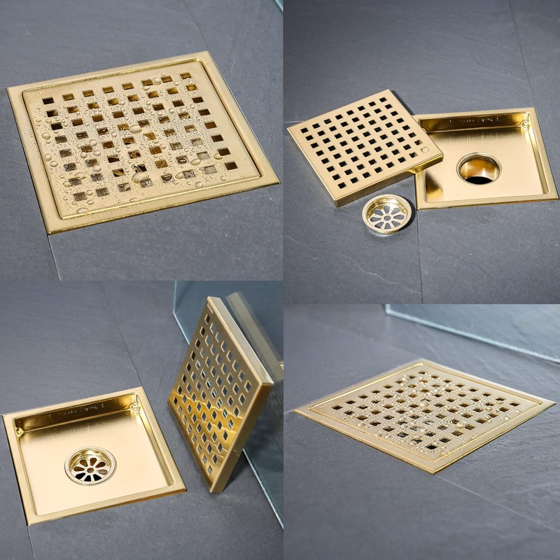 RANDOM Brushed Gold Shower Drain Square 6 Inch Shower Floor