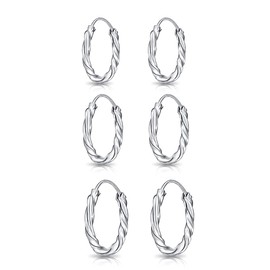 DTPsilver - 3 Pairs of Earrings - Small Round Twisted Hoop Earrings - 925 Sterling Silver, Yellow Gold Plated or Rose Gold Plated - Thickness 1.8 mm - Diameter 10, 12 and 14 mm, Sterling Silver