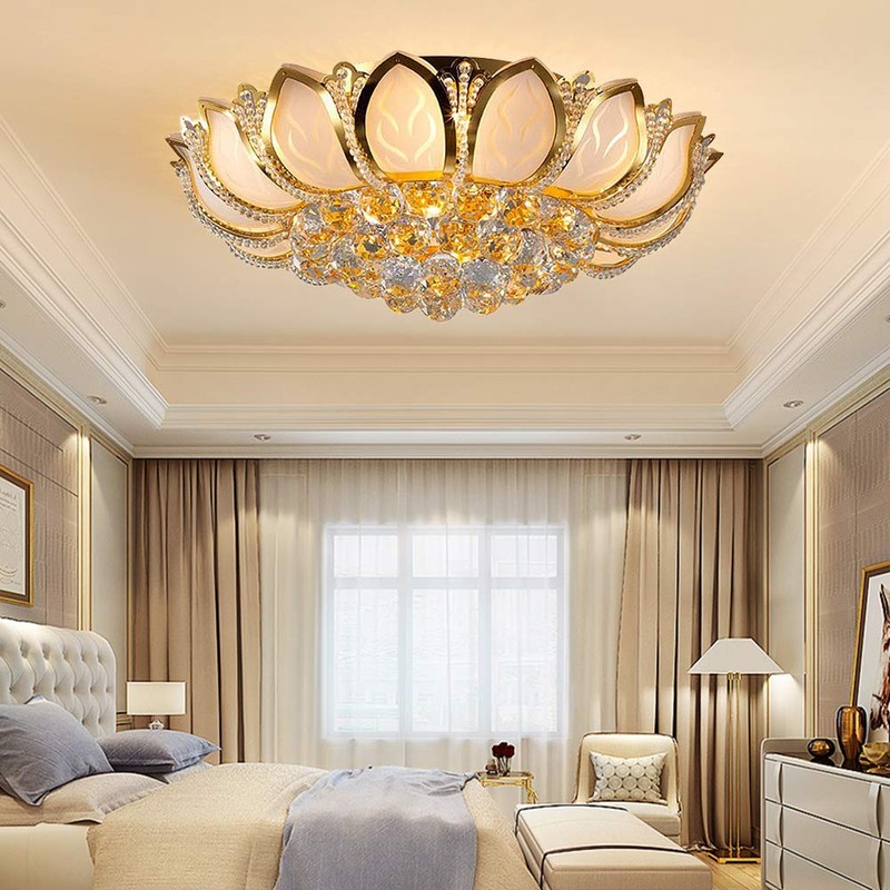 Dimmable Crystal Chandeliers Lotus-Shaped Flush Mount Ceiling Light with Remote