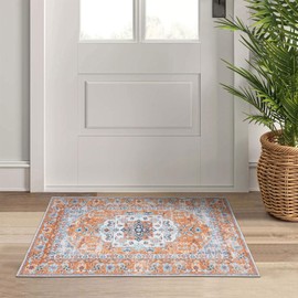Taleta KALINA Washable Door Mats Indoor Small Rug Orange Non-slip Thin Doormat for Entryway Soft Entrance Carpets Inside Vintage Short Pile Floor Mats for Hallway Bedroom (Orange, 50 x 80 cm)