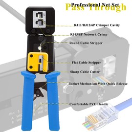 LEATBUY Crimper RJ45 Crimp Tool Kit Cat5 Cat5e Cat6 RJ45 Crimping Tool Set, 50PCS RJ45 Cat6 Pass Through Connectors, 50PCS Covers, Network Cable Tester, Wire Punch Down Cutter(Blue)