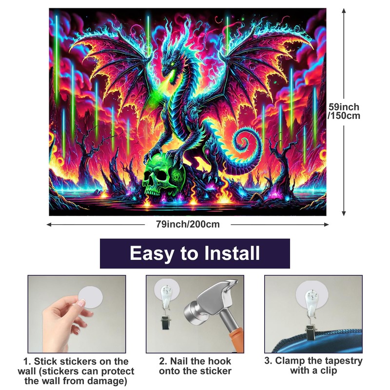 BlissYard Dragon Tapestry Blacklight Tapestry 78x59 Inch UV Wall Hanging