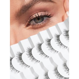 Natural Lashes Eyelashes 10mm Short Mink Lashes Wispy Eyelashes Thinner Band 3D Volume Cat Eye Lashes C Curl False Lashes 7 Pair by Siligli