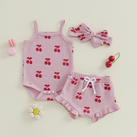 Newborn Baby Girl Cherry Outfit Sleeveless Romper Ruffle Shorts Set Headband 3Pcs Rib Knit Fruit Summer Clothes (Pink, 3-6 Months)