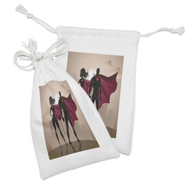 Ambesonne Superhero Fabric Pouch Set of 2, Super Woman and Man Heroes in City Solving Crime Hot Couple in Costume, Small Drawstring Bag for Toiletries Masks and Favors, 9" x 6", Beige Brown Magenta