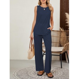 Famulily 2 Piece Travel Outfit for Women Fashion Raw Edge Knit Summer Fashion 2025 Summer Beach Vacation Clothes Blue L