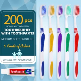 200 PCS Individually Wrapped Bulk Toothbrushes with Toothpastes, Colorful Manual Disposable Toothbrush for Adult or Kid, Ergonomics Handle, Medium Soft Bristles, Perfect for Travel, Hotels, Donations