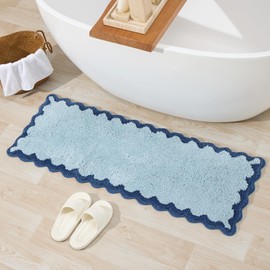 ORTIGIA Long Cute Scalloped Bathroom Rugs Runner, Fun Blue Plush Microfiber Scallop Bath Mats Non Slip Washable Quick Dry Absorbent, Rug Carpet for Bathtub Sink Laundry Room Bedroom, 17x47