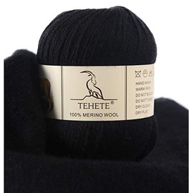 TEHETE 100% Merino Wool Yarn for Knitting 3-Ply Luxury Warm Soft Lightweight Crochet Yarn (Black)