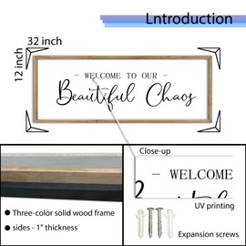FZMHASLWW Welcome To Our Beautiful Chaos Sign Wall Decor 32"×12" Family Wooden Plaque for Living Room Entryway Hanging Wall Art (Wood)