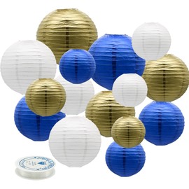 Meiduo Paper Lanterns Party Decorations Navy Blue Gold - Hanging Paper Lanterns Indoor Outdoor - Wedding Graduation Retirement Bachelorette Birthday Baby Shower Party Supplies, 15pcs