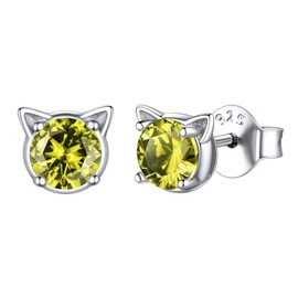ChicSilver Cute Cat Earrings Hypoallergenic Round Peridot Cat Stud Earrings 925 Sterling Silver Small Dainty August Birthstone Ear Jewelry for Women Cat Lovers
