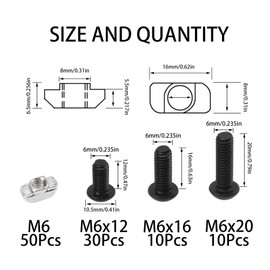 Rrina Juego surtido de 100 tornillos de tuercas en T M6, cabeza de martillo con ranura en T para perfil de aluminio estándar europeo de la serie 3030