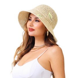 LA CARRIE Womens Sun Hat Floppy Packable Wide Brim UV Protection UPF 50+ Straw Hat with Embroidery for Summer Beach(Beige)