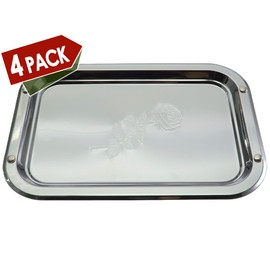 MARO MEGASTORE (Pack of 4 11.3 inch x 7.3 inch Oblong Chrome Plated Mirror Silver Serving Tray Stylish Design Floral Engraved Edge Decorative Party Birthday Wedding Buffet Wine Platter Plate GD-158