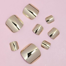 Gold Press on Toenails Metal Chrome Fake Toe Nails Short Square False Toe Nails Press ons Mirror Golden Acrylic Toenails Glossy Holographic Metal Glue on Nails for Women Manicure 24pcs